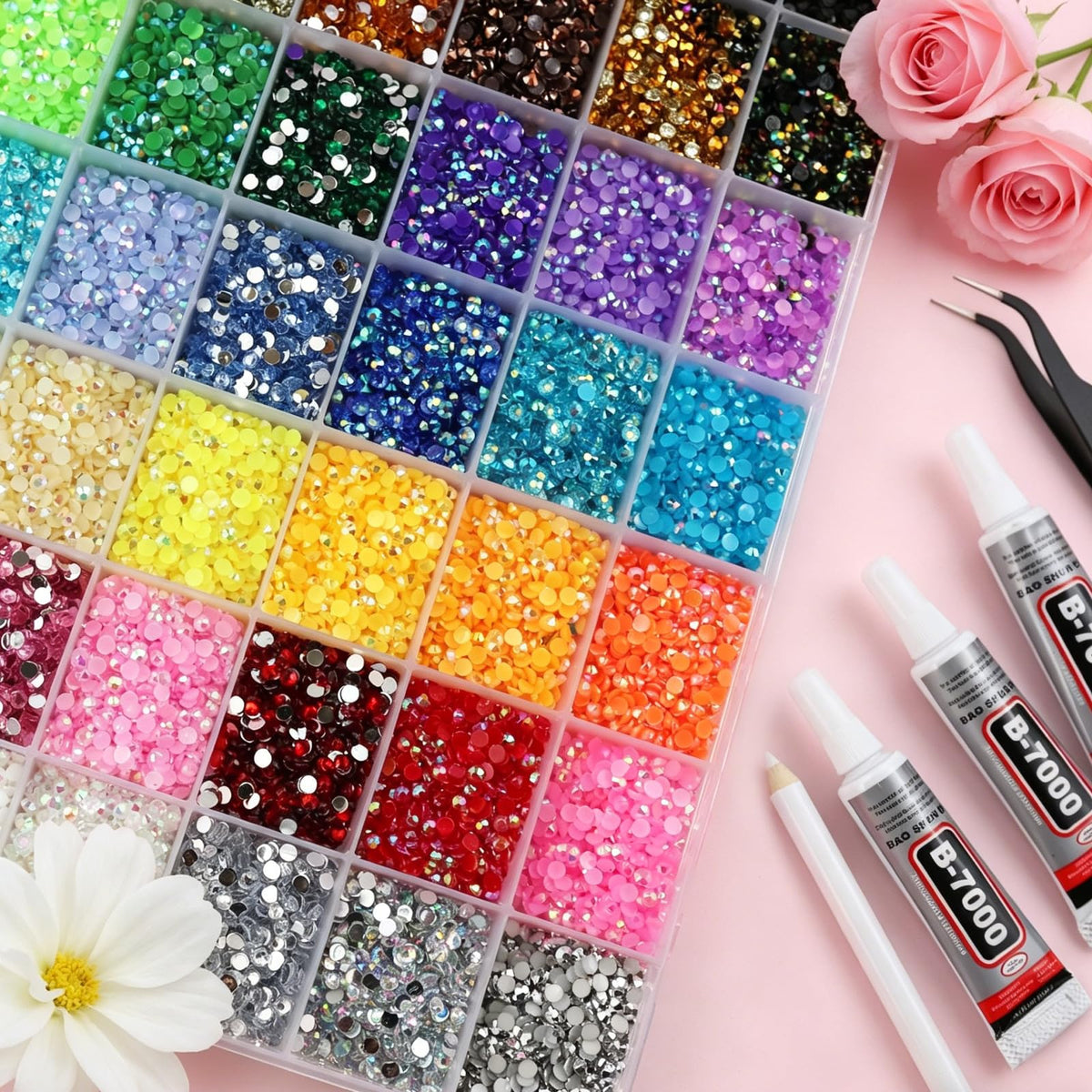 WOQPHU close-up of 3mm resin facets with AB coating highlighting iridescent sparkle and light reflection