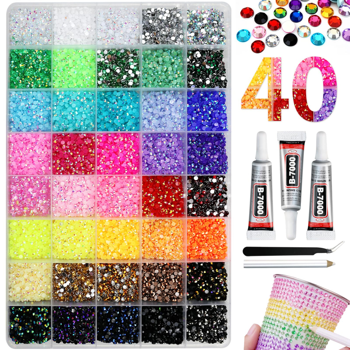 WOQPHU front packaging showing 32,000 rhinestones and included tools for instant crafting