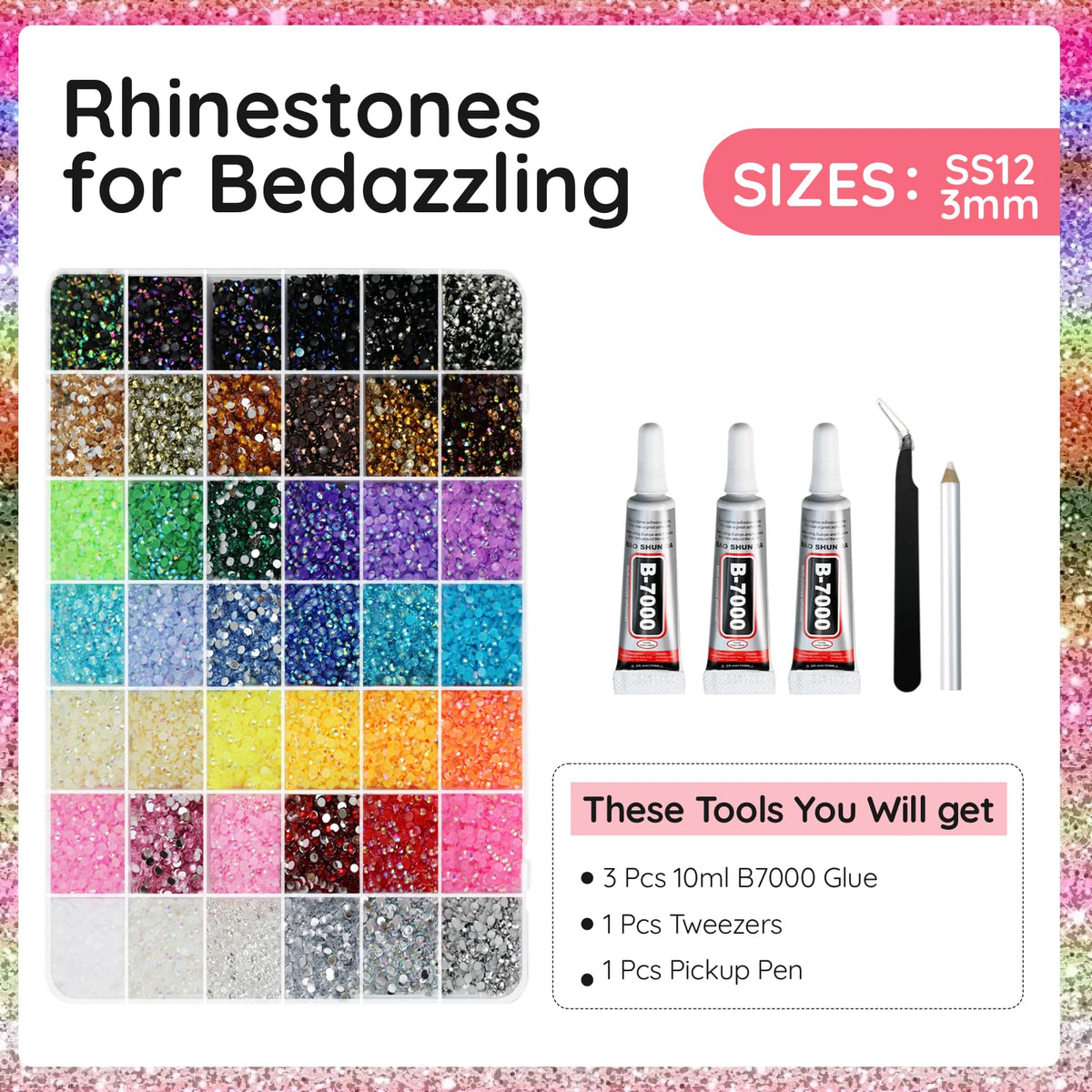 WOQPHU open storage box with 48 compartments displaying neatly sorted 3mm rhinestones for quick selection