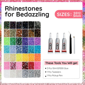 WOQPHU open storage box with 48 compartments displaying neatly sorted 3mm rhinestones for quick selection
