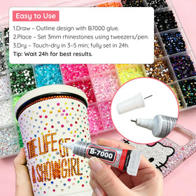 WOQPHU pickup pen and three 10ml jewelry glues staged next to gems for precise placement and secure adhesion