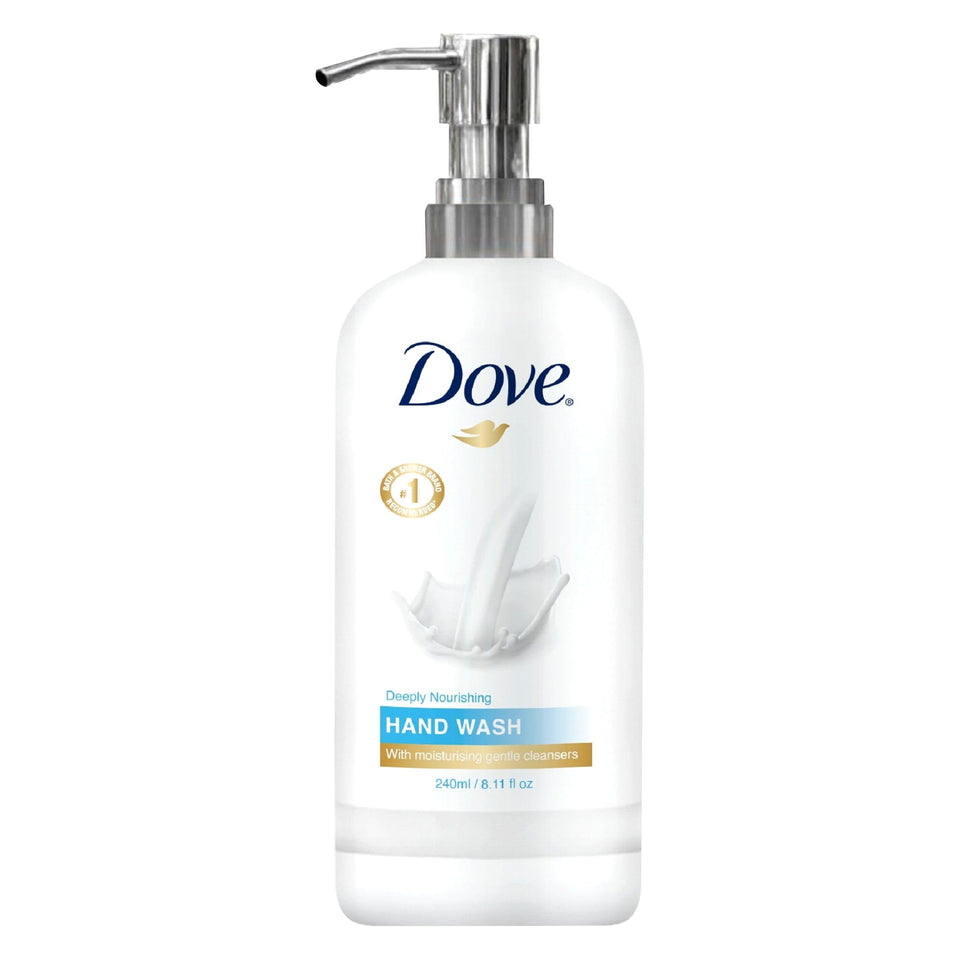World Amenities Dove front bottle view showing clear label and pump for easy use