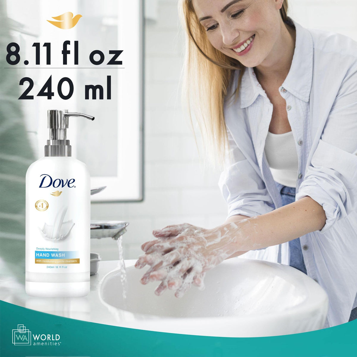 World Amenities Dove bottle in modern bathroom setting promoting fresh, cared-for hands