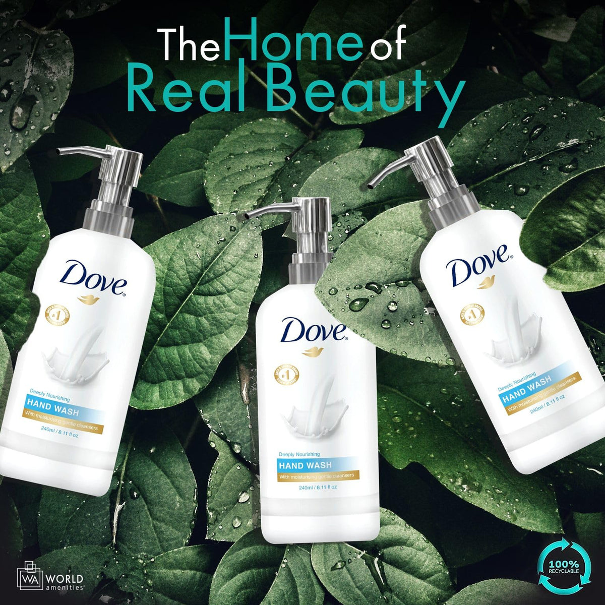 World Amenities Dove refill being poured from a large container to reduce waste