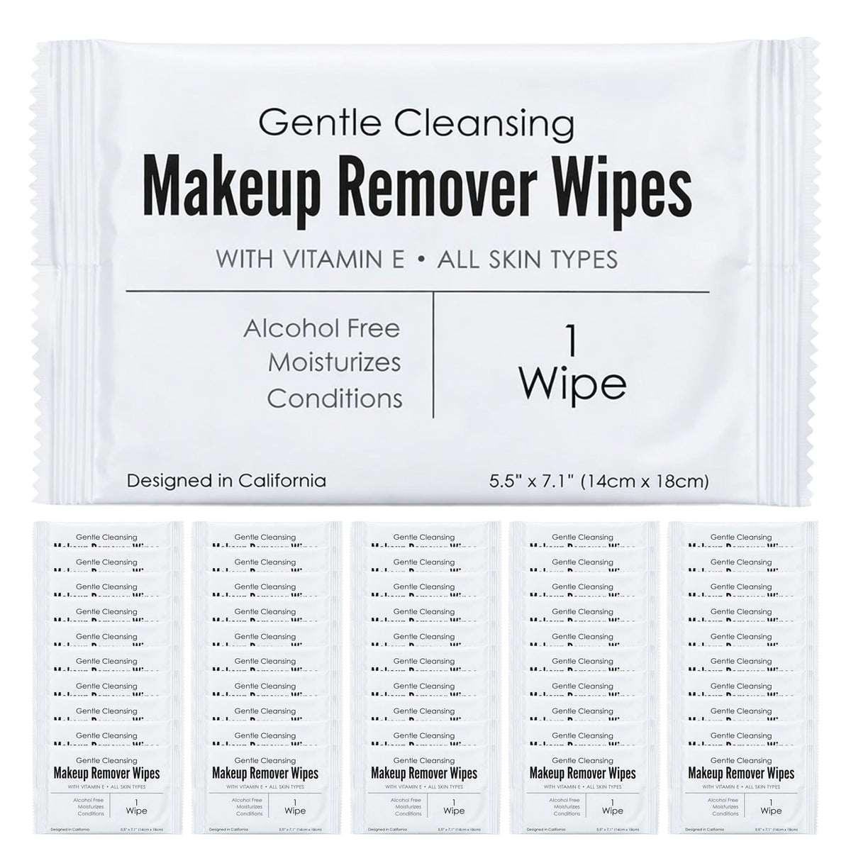 World Amenities front packaging showing alcohol-free vitamin E wipes and count