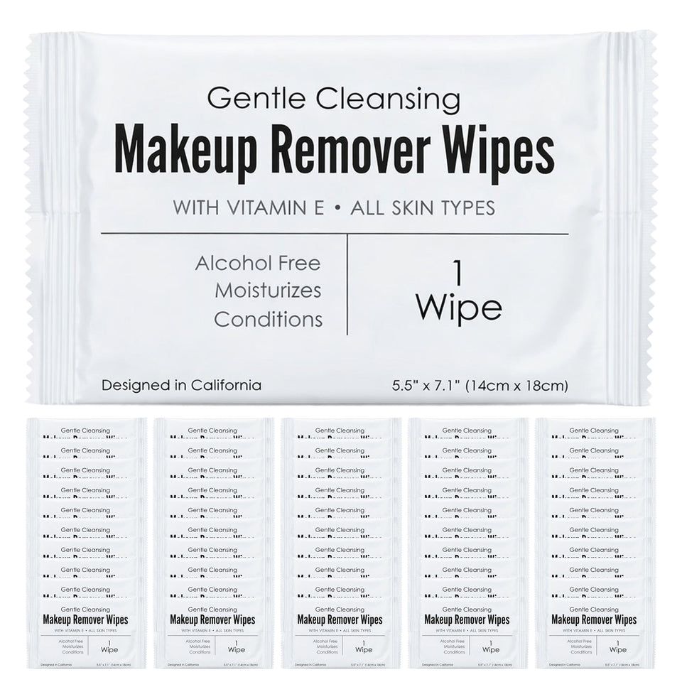 World Amenities front packaging showing alcohol-free vitamin E wipes and count