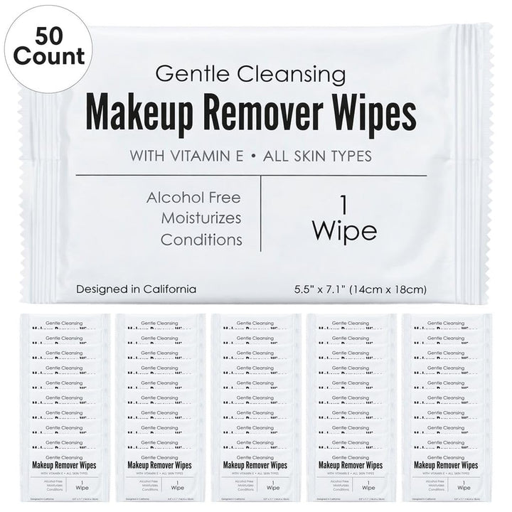 World Amenities wipes on bathroom vanity suggesting daily skincare routine