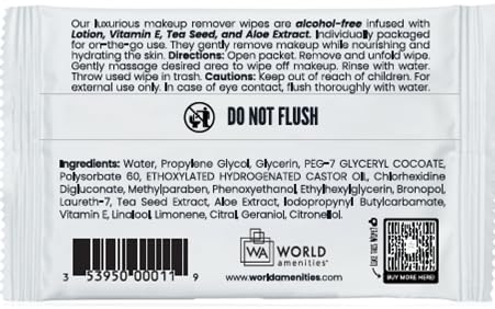 World Amenities wipe next to smartphone showing compact, travel-friendly size