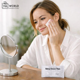 World Amenities wipe held in hand to show size and ease for full-face coverage