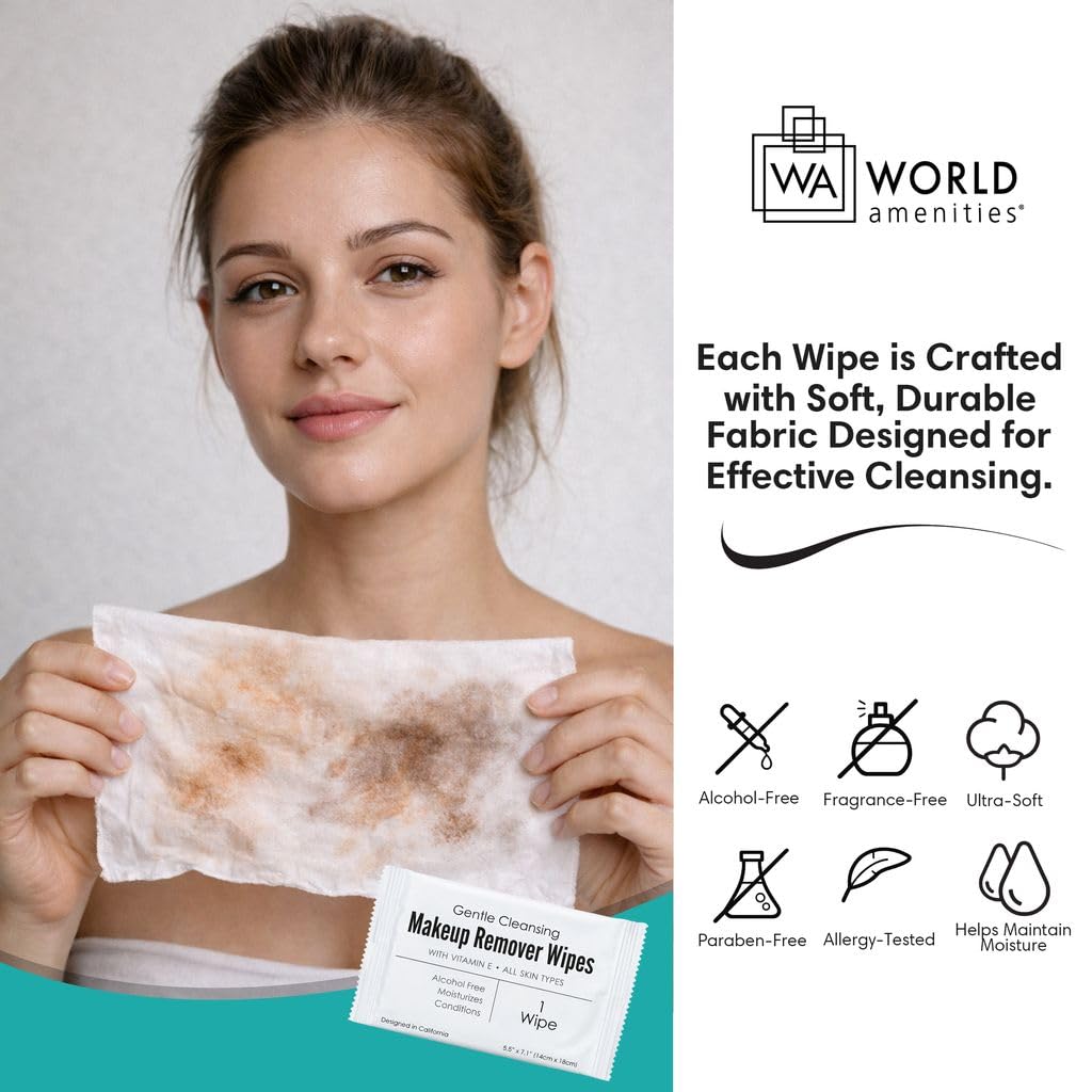 World Amenities wipe held in hand demonstrating easy makeup removal