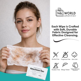 World Amenities wipe held in hand demonstrating easy makeup removal