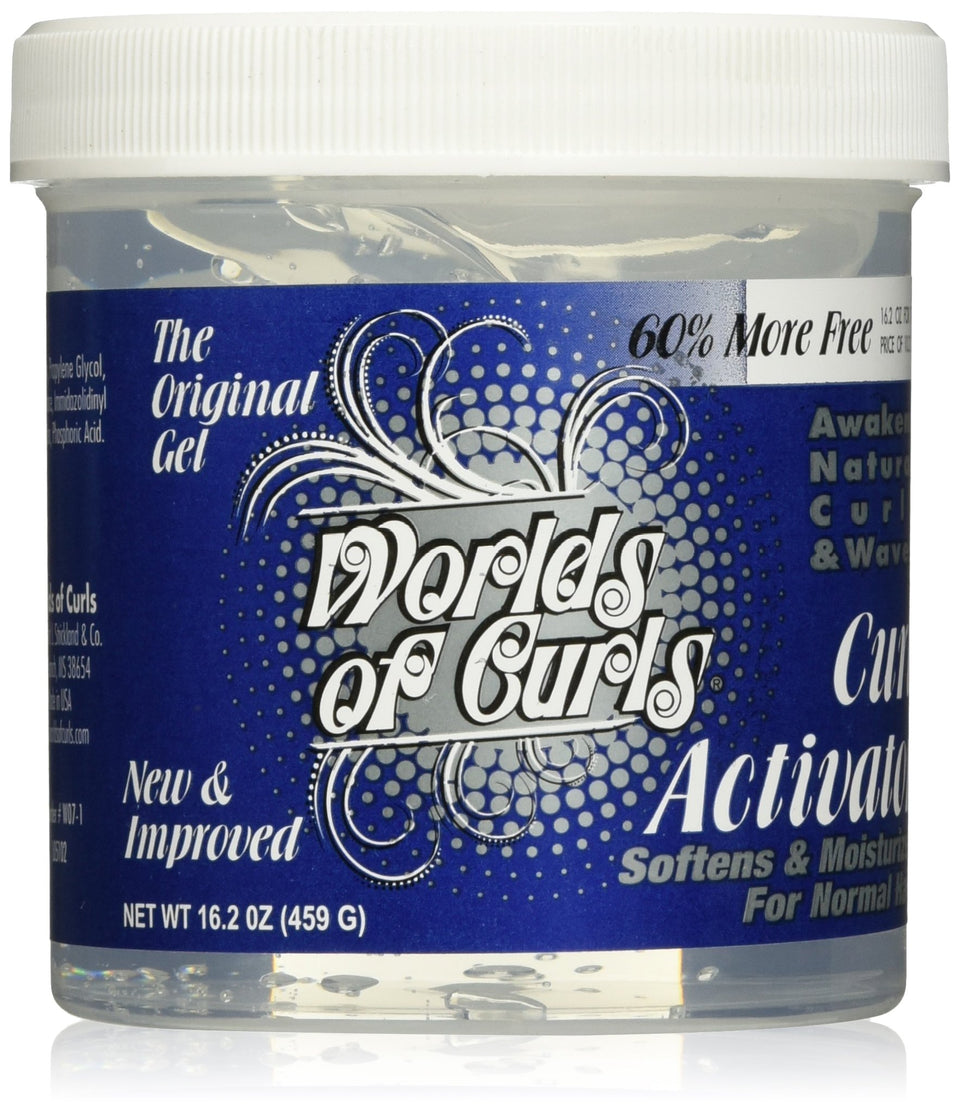 Worlds Of Curls front packaging showing 16.2 oz for clear product identification and confidence