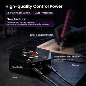 Wormhole Tattoo foot pedal and cords set up demonstrating hands-free operation