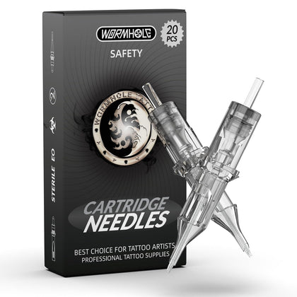Wormhole Tattoo front packaging showing 20pcs 5RL cartridges and hygiene assurance