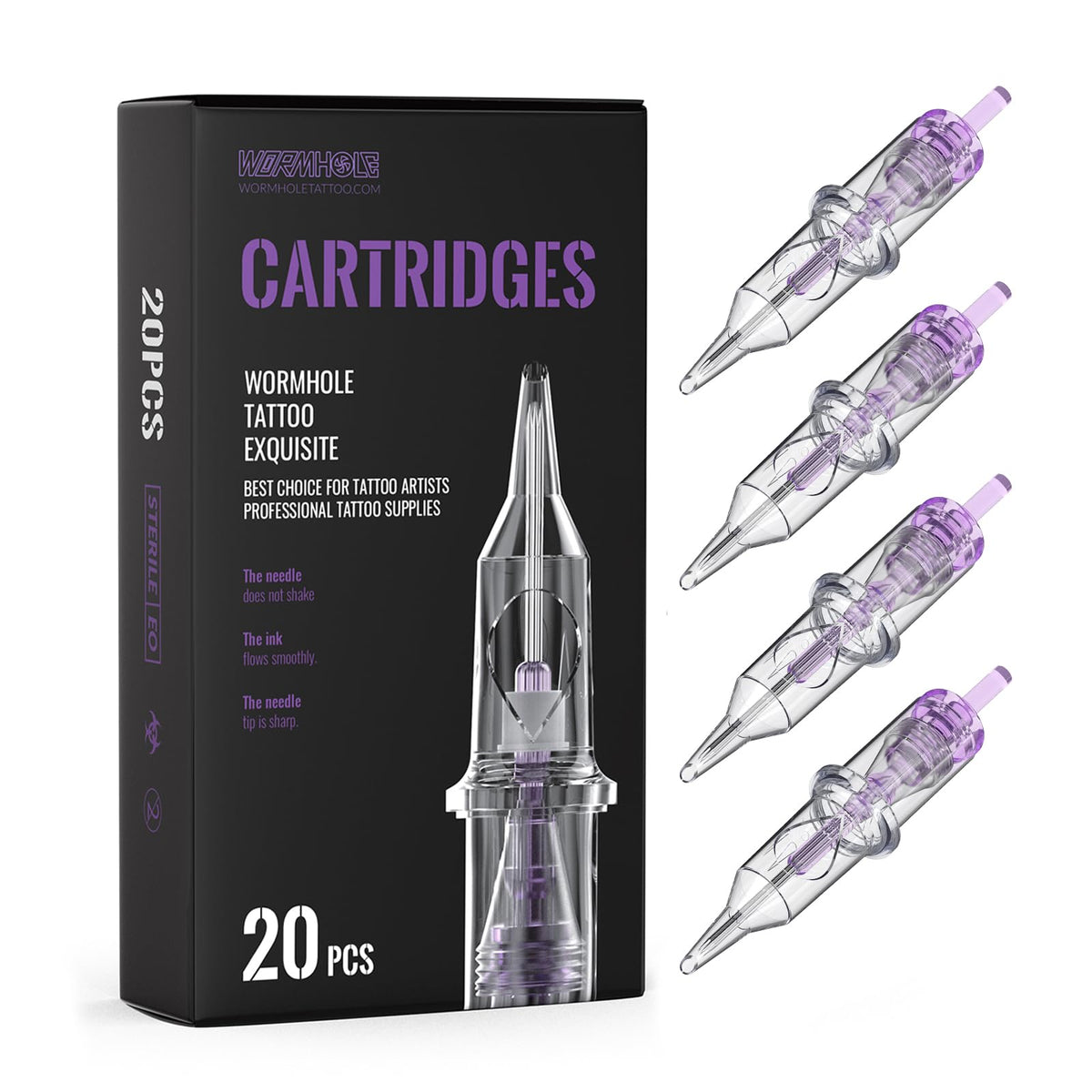 Wormhole Tattoo front packaging showing 20 3RL cartridges, convenient supply