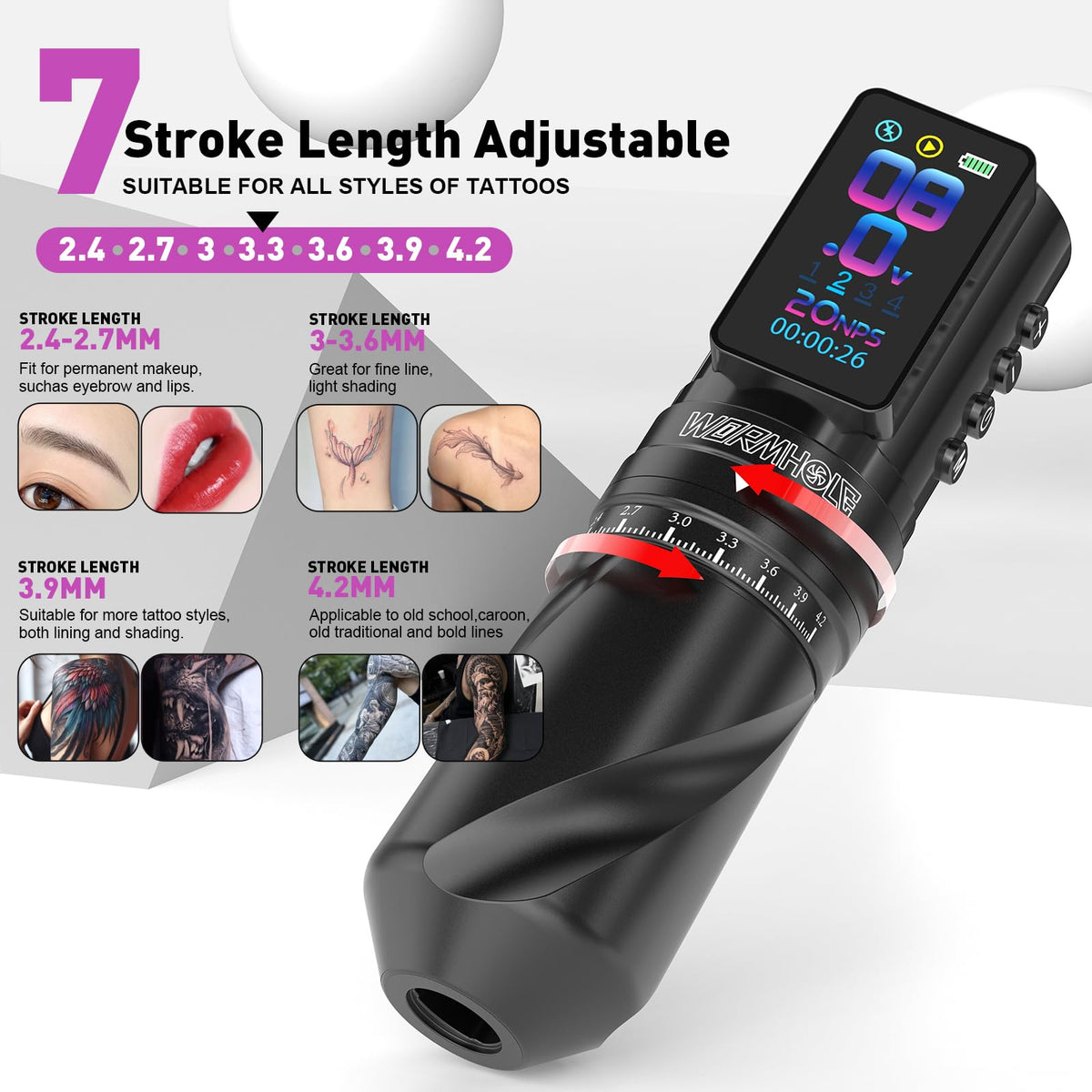 Wormhole Tattoo in-use with artist hand demonstrating smooth cord-free mobility
