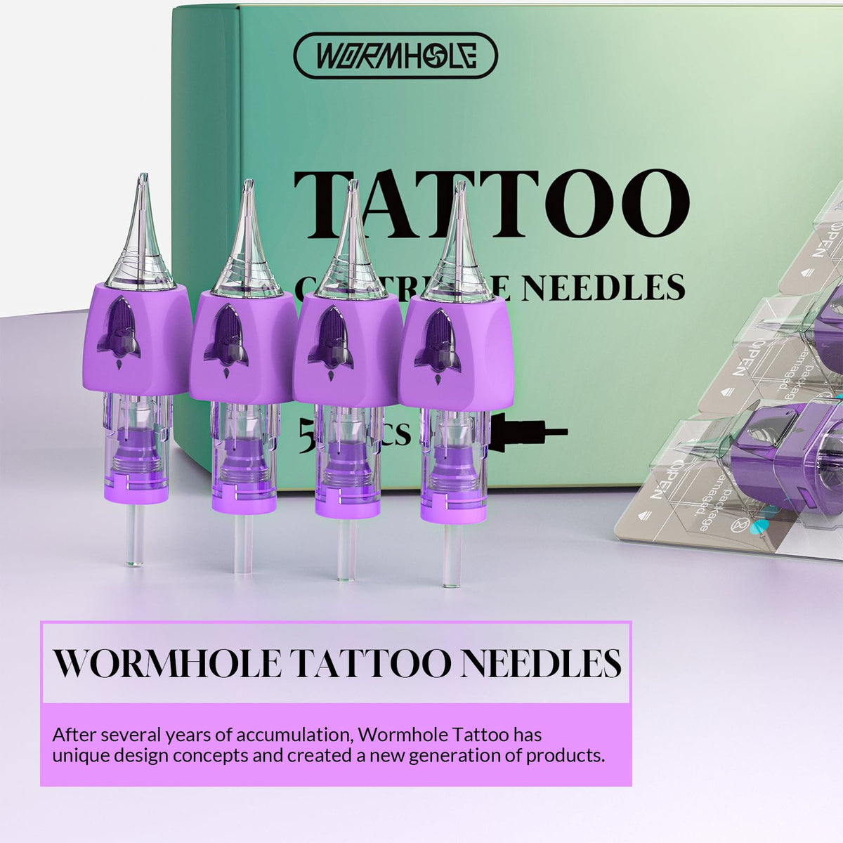 Wormhole cartridges staged in tattoo studio setting highlighting professional readiness