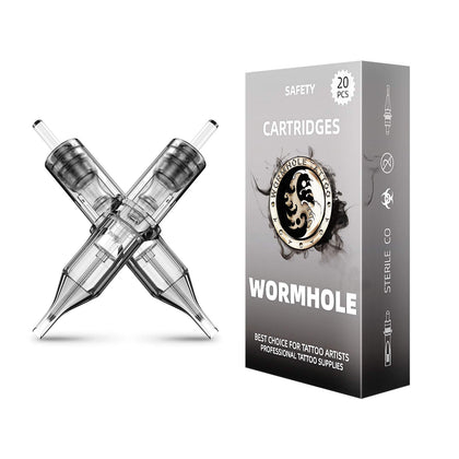 Wormhole Tattoo front package displaying sterilized 3RL cartridges for quick setup