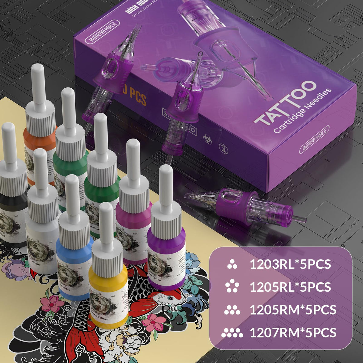 Wormhole Tattoo accessories spread showing ink cups and spare parts for convenient setup