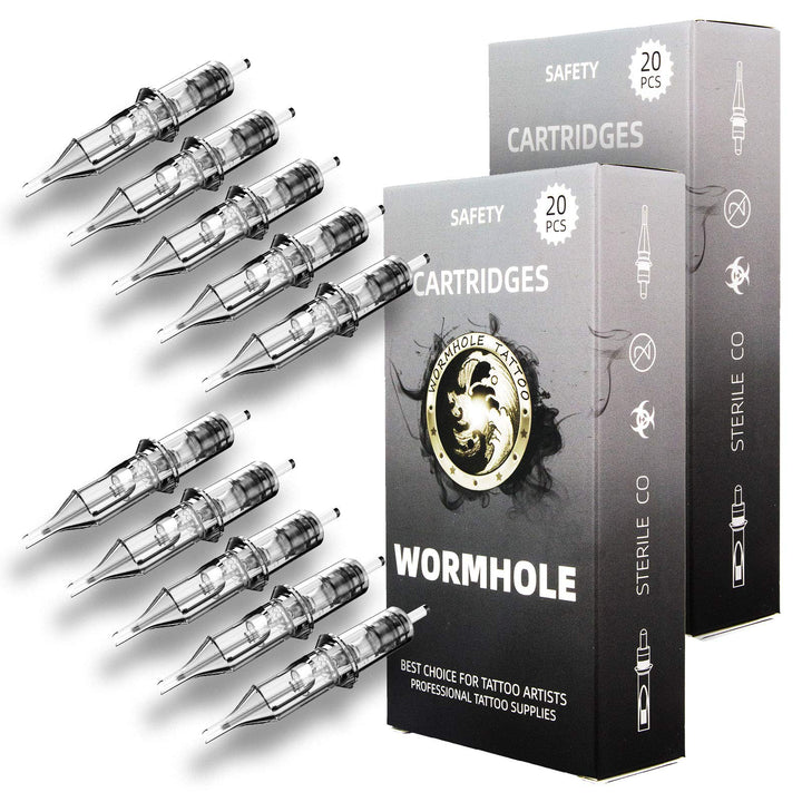 Wormhole Tattoo front packaging showing 50pcs assorted cartridges and clear labeling for convenience