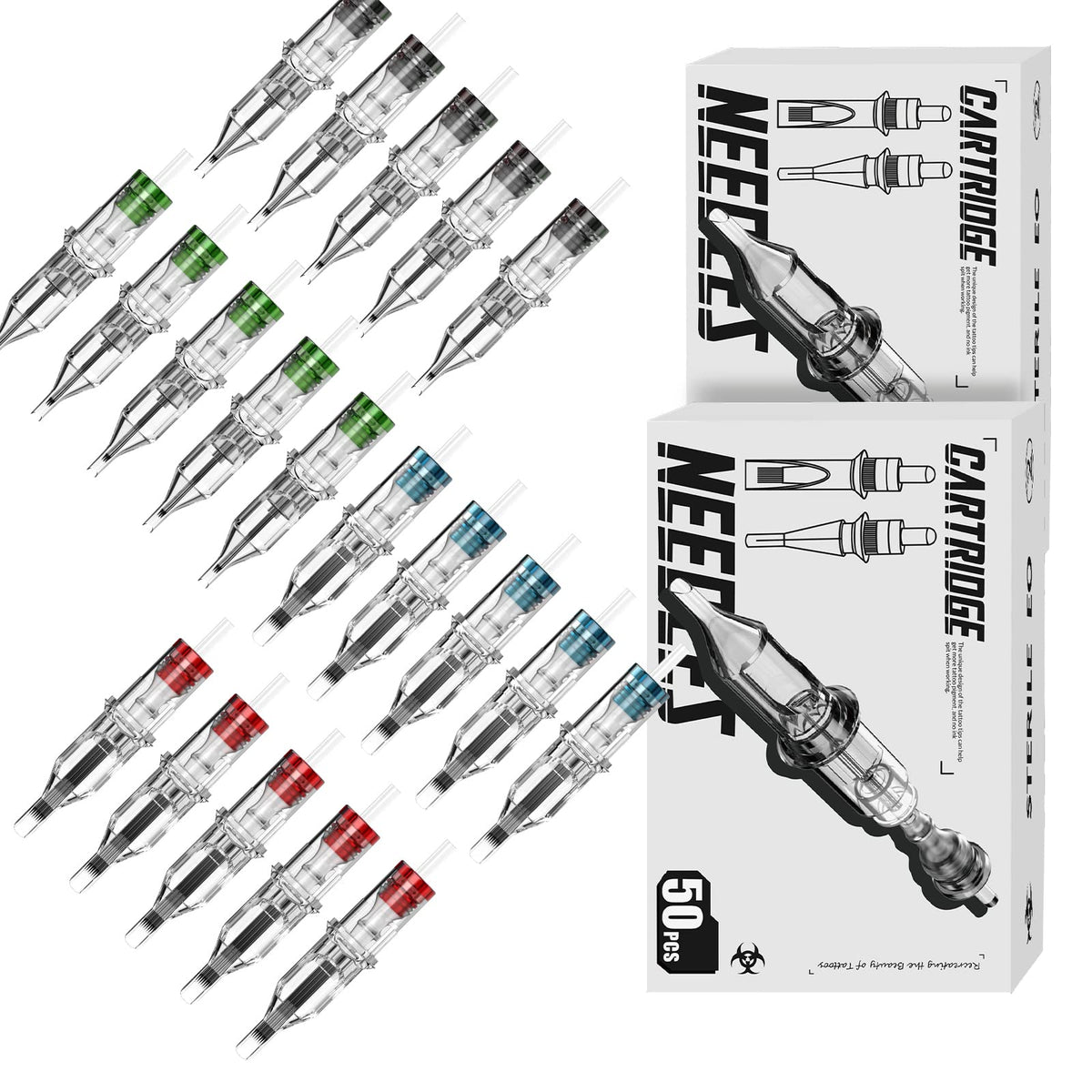 Wormhole Tattoo front packaging showing 50pc mixed cartridge kit benefit hygiene