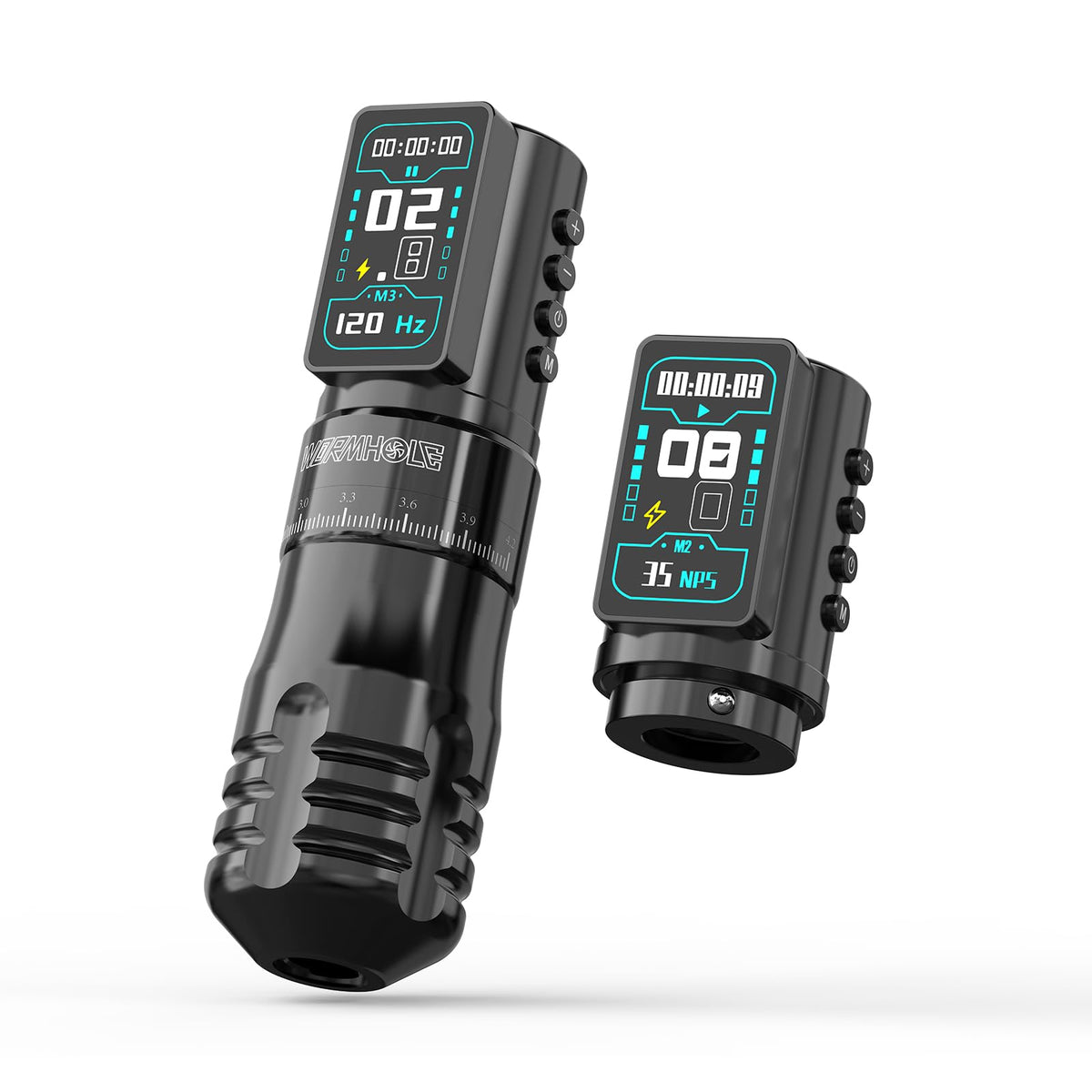 Wormhole Tattoo front view showing compact cordless pen and benefits of portability