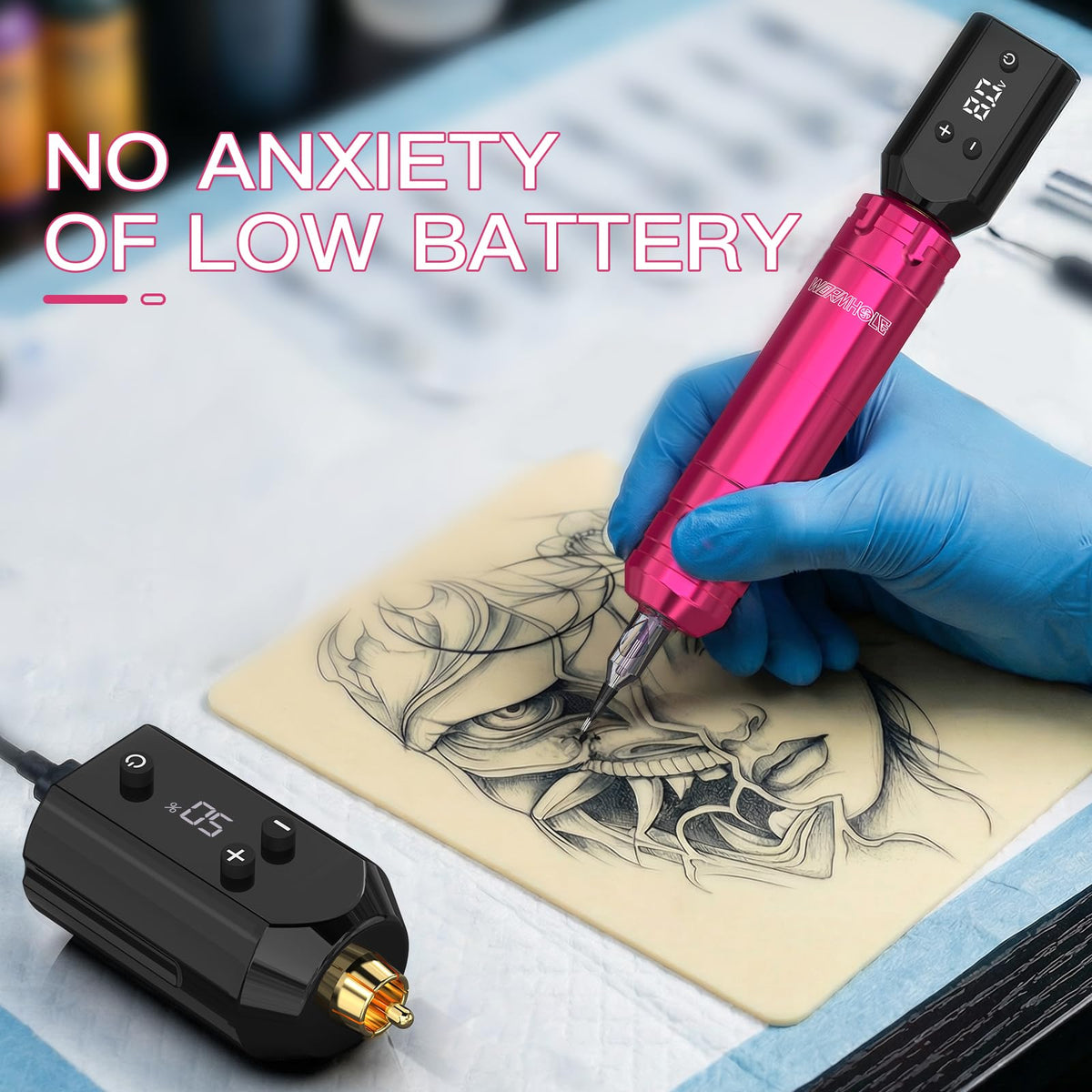 Wormhole Tattoo lifestyle shot of artist using kit to highlight cordless convenience