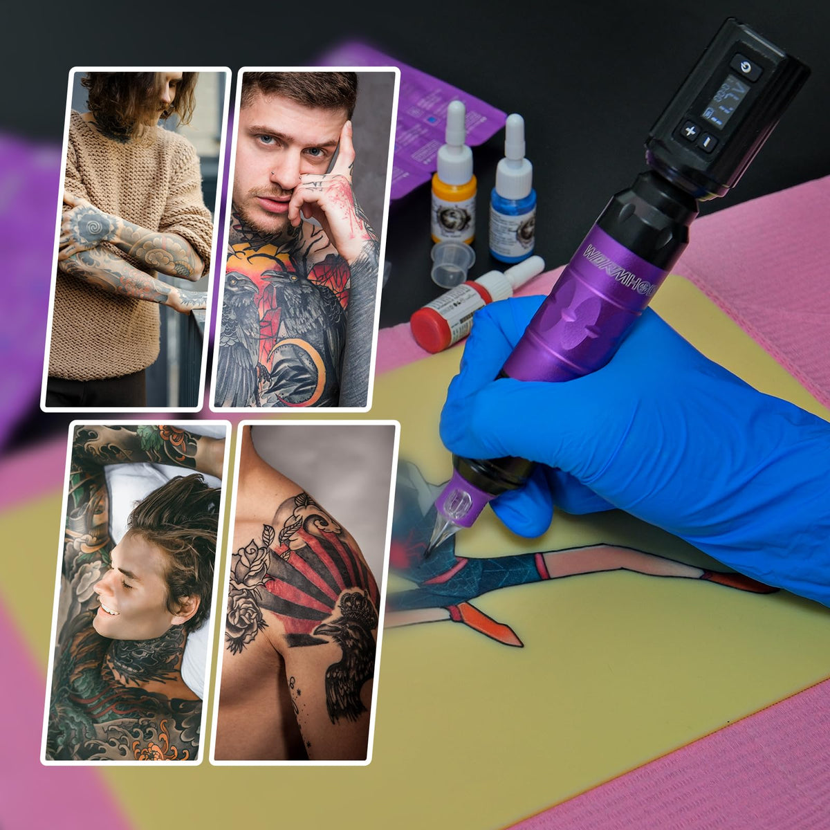 Wormhole Tattoo lifestyle studio shot of kit in use to demonstrate portability and workflow