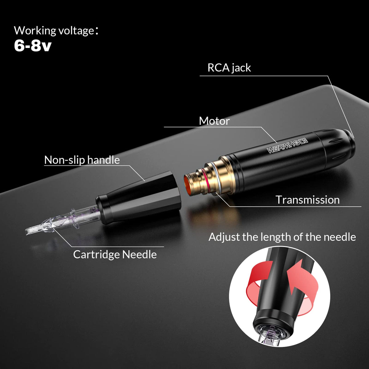 Wormhole Tattoo side profile of aluminum pen highlighting lightweight build benefit