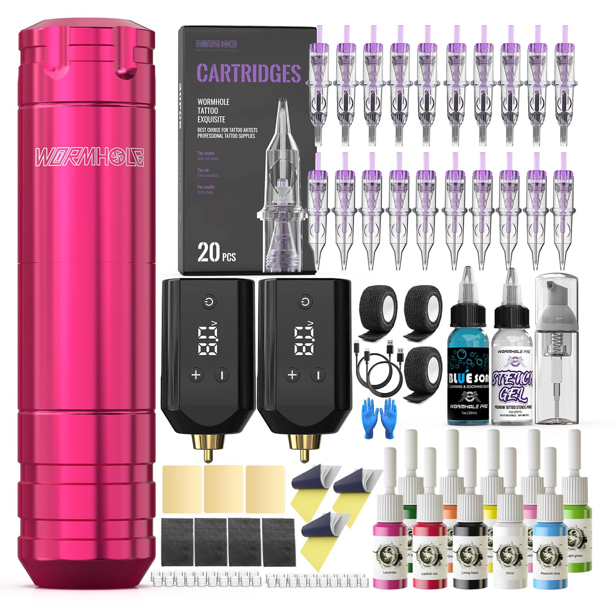 Wormhole Tattoo pink rotary pen front view showing compact design and portability benefit