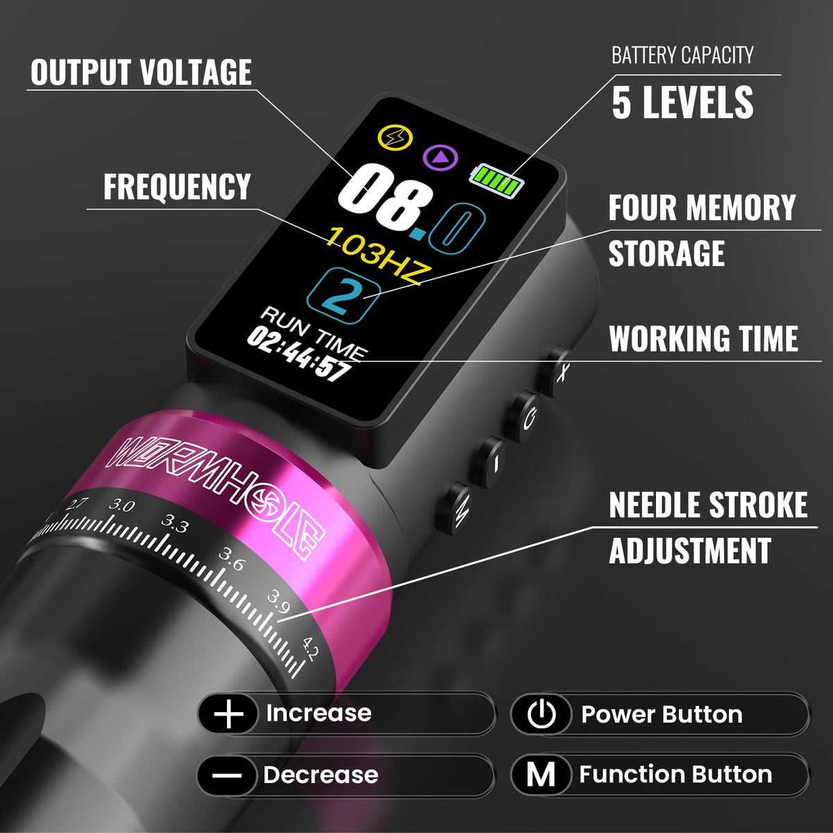 Wormhole Tattoo rotary pen close-up highlighting adjustable stroke and ergonomic grip benefit