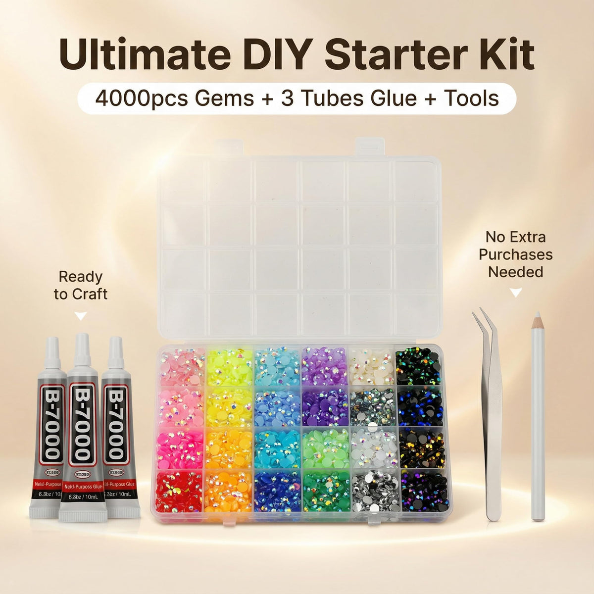 Worthofbest open 24-compartment organizer with pre-sorted rainbow rhinestones