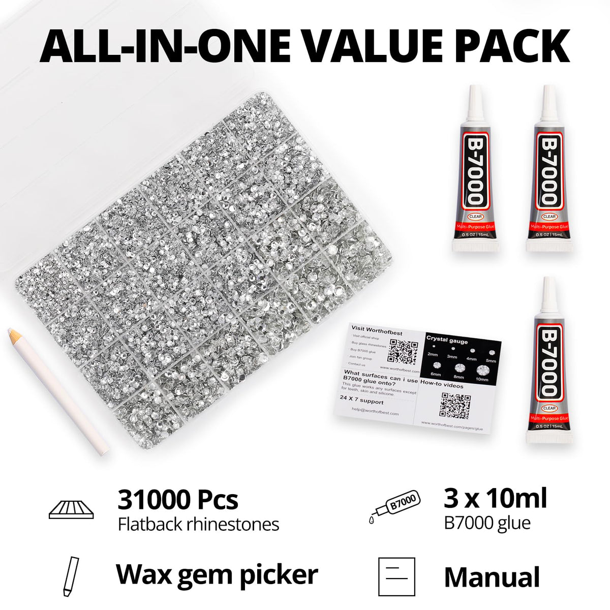 Worthofbest 24-grid organization tray with sorted rhinestone sizes for quick access
