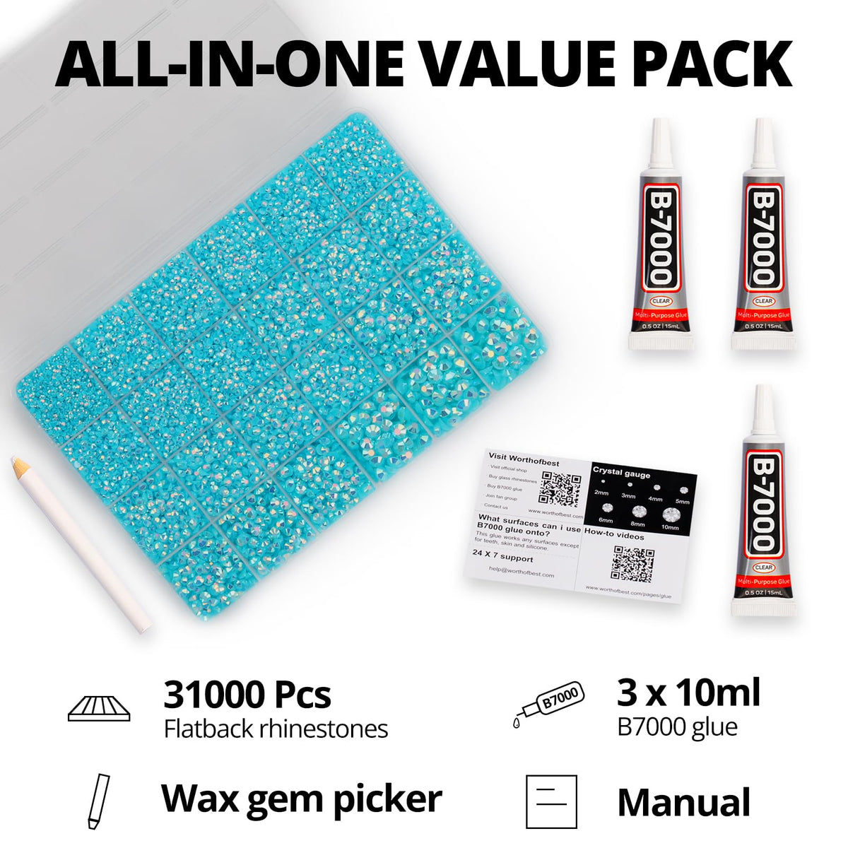 Worthofbest 24-grid organizer open with sorted turquoise gems, benefits easy storage and access