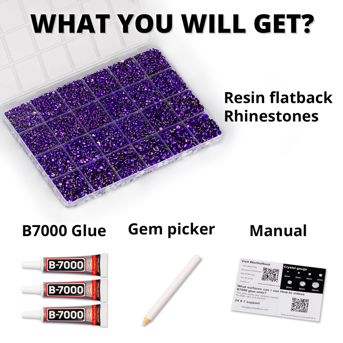 Worthofbest 24-grid storage box open with sorted purple rhinestones for organized project access