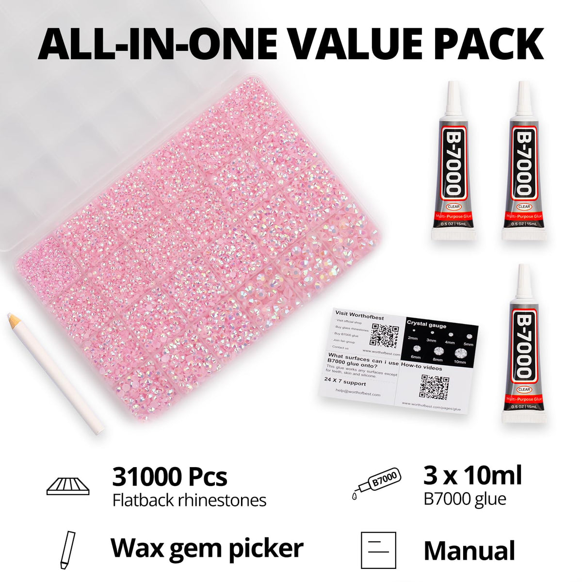 Worthofbest open 24-grid storage organizer with sorted pink gems