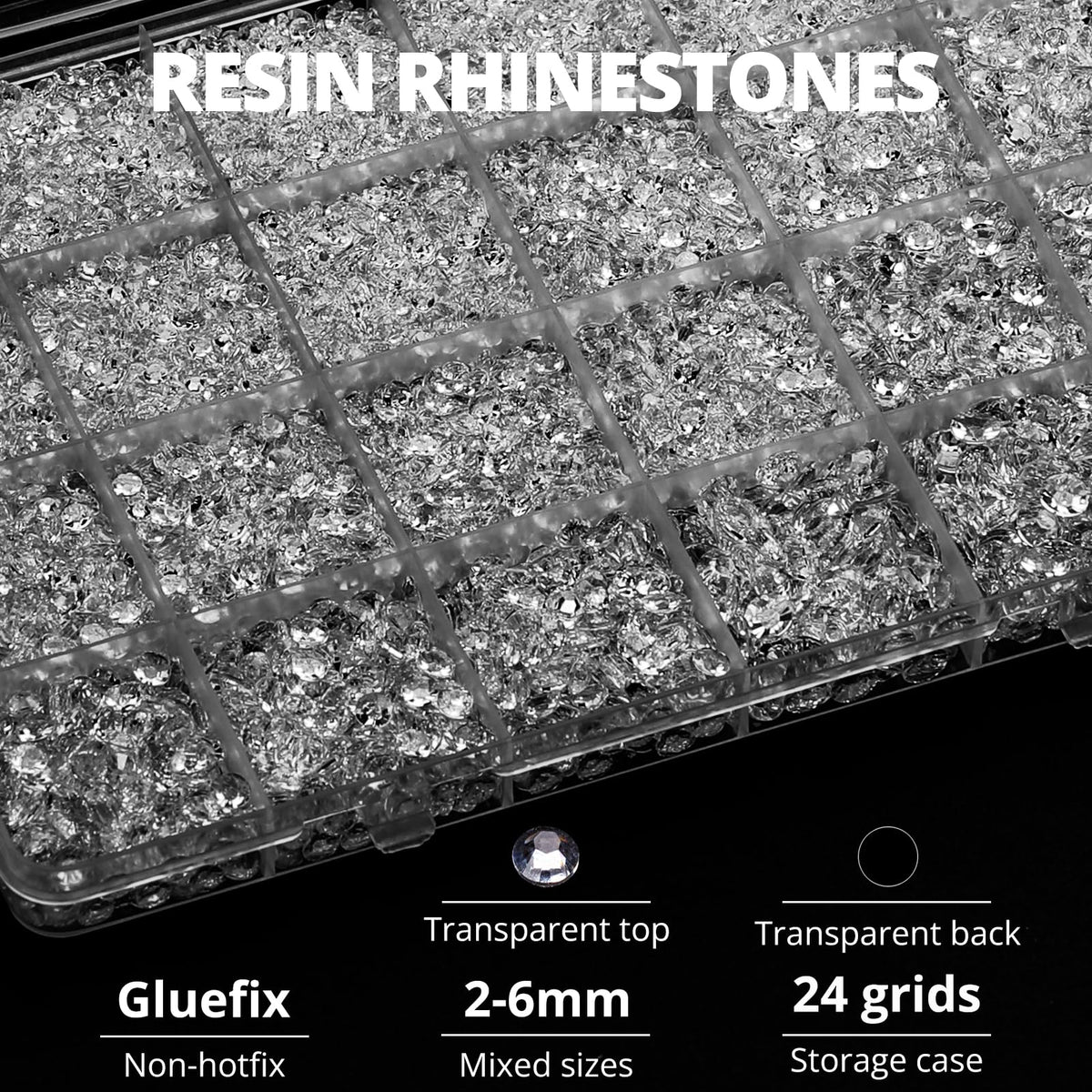Worthofbest 24-grid box open showing sorted 2–6mm rhinestones for organized access