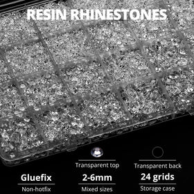 Worthofbest 24-grid box open showing sorted 2–6mm rhinestones for organized access