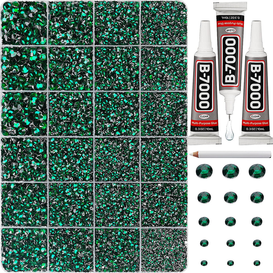 Worthofbest front packaging showing full emerald green rhinestone kit and tools for easy project start