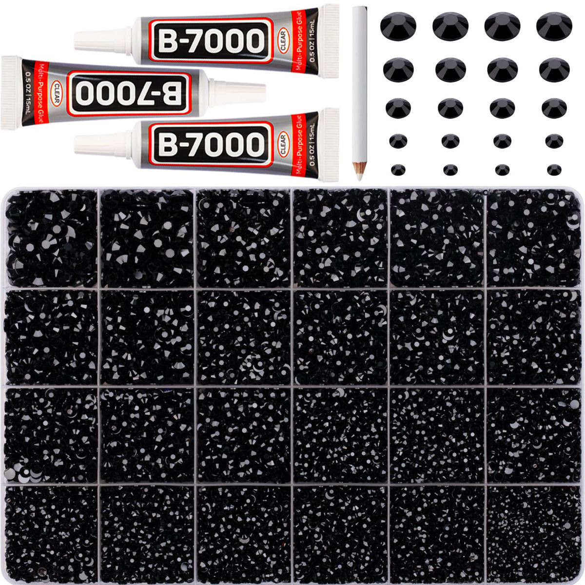 Worthofbest front packaging showing 32000 black rhinestones and tools for crafting
