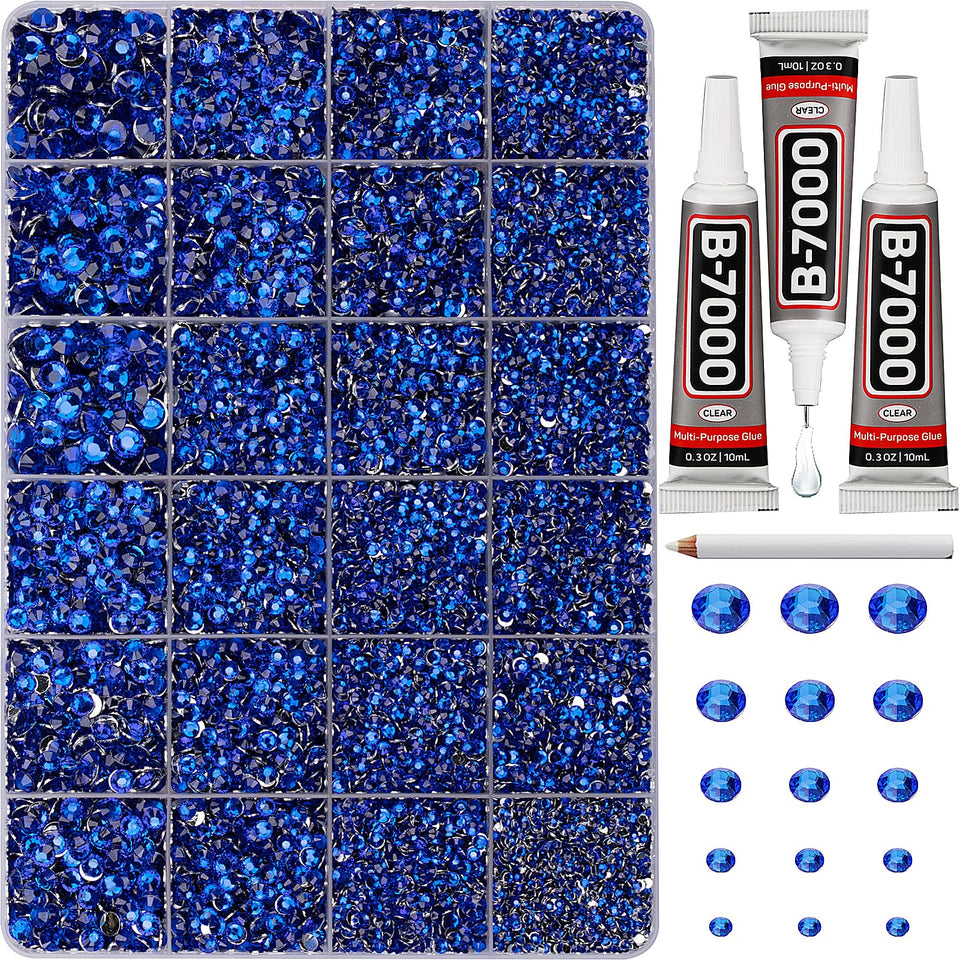 Worthofbest front packaging showing royal blue rhinestones and included tools for easy selection