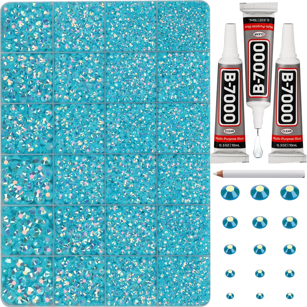 Worthofbest front packaging showing turquoise rhinestone kit and included tools