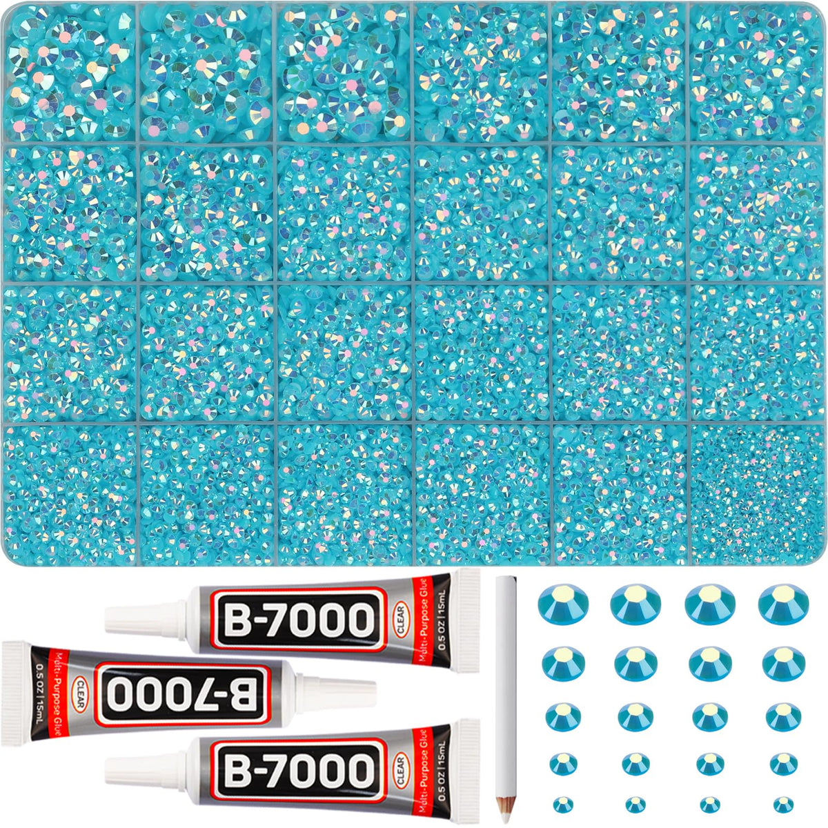 Worthofbest front packaging showing turquoise rhinestones and tools, highlights ready-to-use kit