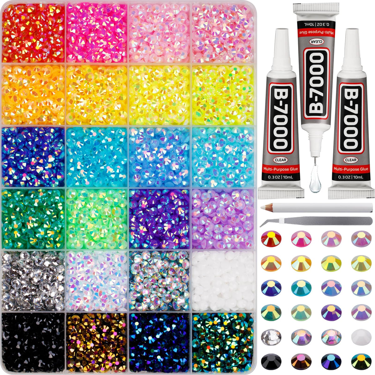 Worthofbest front packaging showing full rhinestone kit and organized case benefit convenience