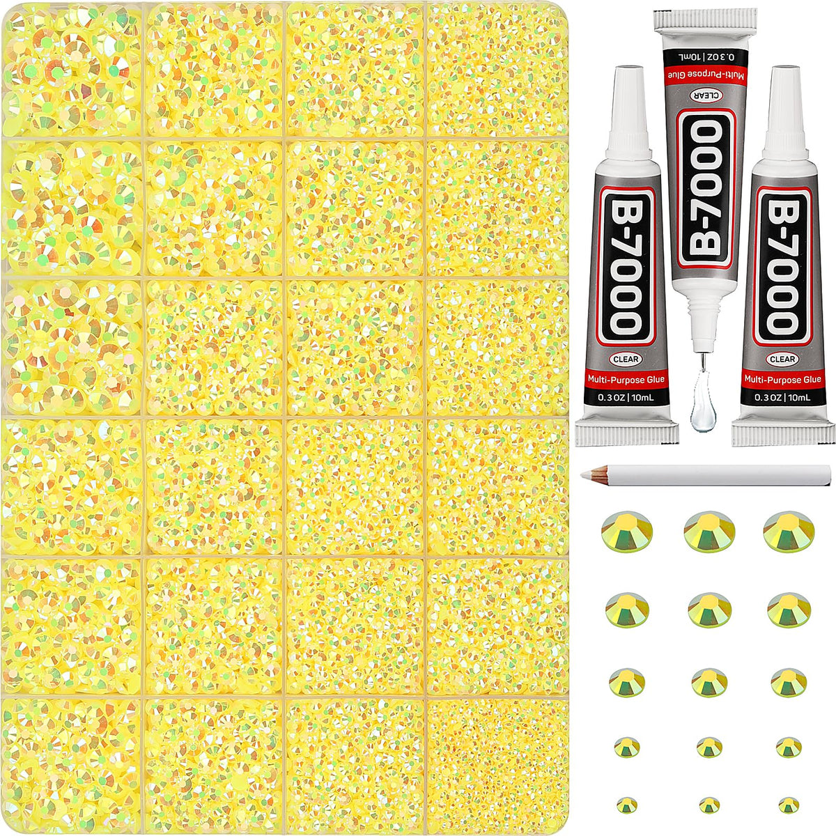 Worthofbest front packaging showing kit contents and bright yellow rhinestones for versatile crafting