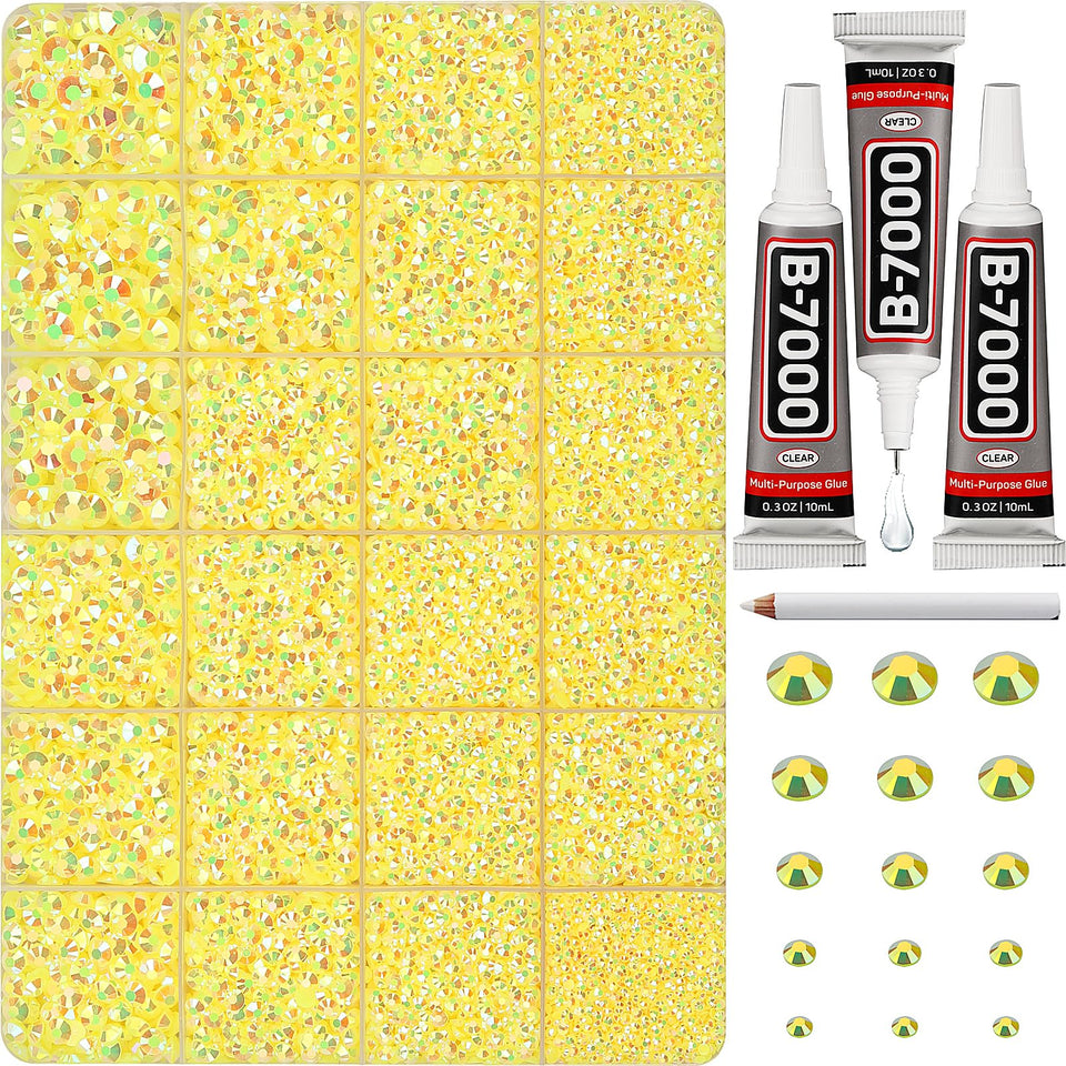 Worthofbest front packaging showing kit contents and bright yellow rhinestones for versatile crafting