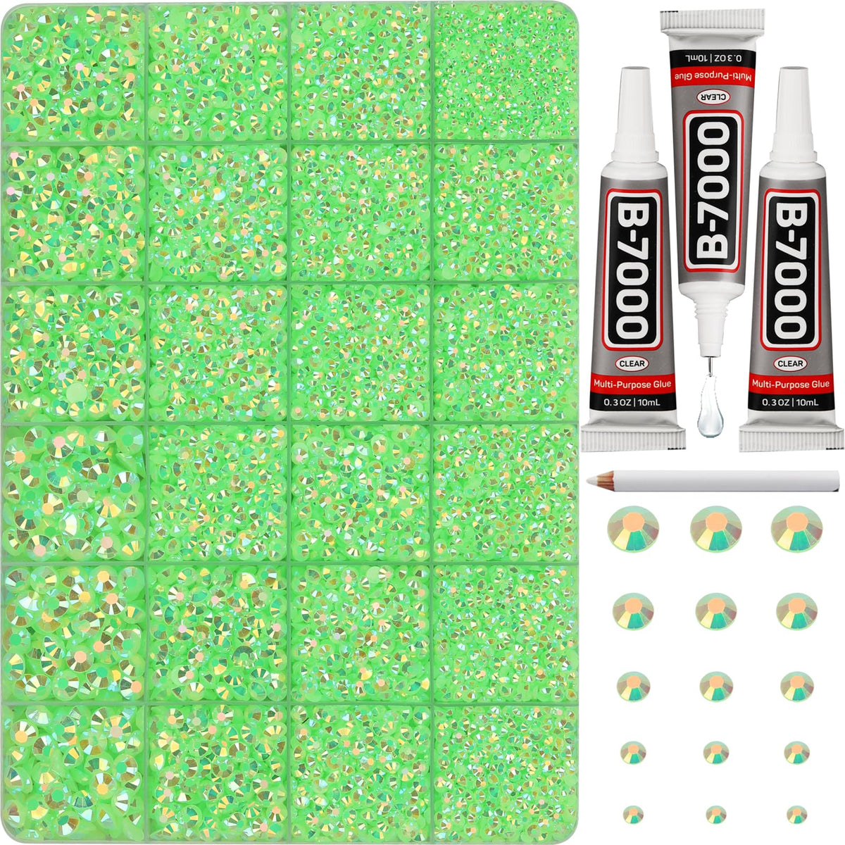 Worthofbest front packaging showing lime green rhinestones and clear case for quick selection