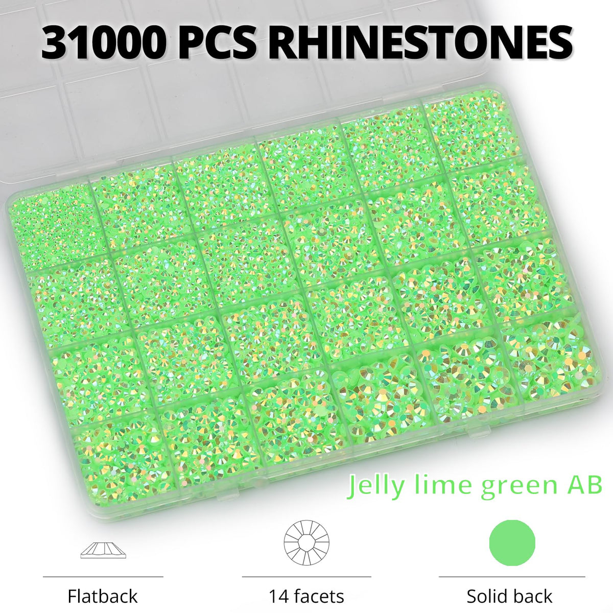 Worthofbest open 24-grid organizer with lime green rhinestones sorted by size for tidy storage