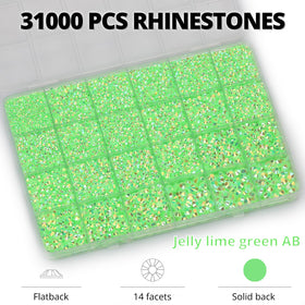 Worthofbest open 24-grid organizer with lime green rhinestones sorted by size for tidy storage