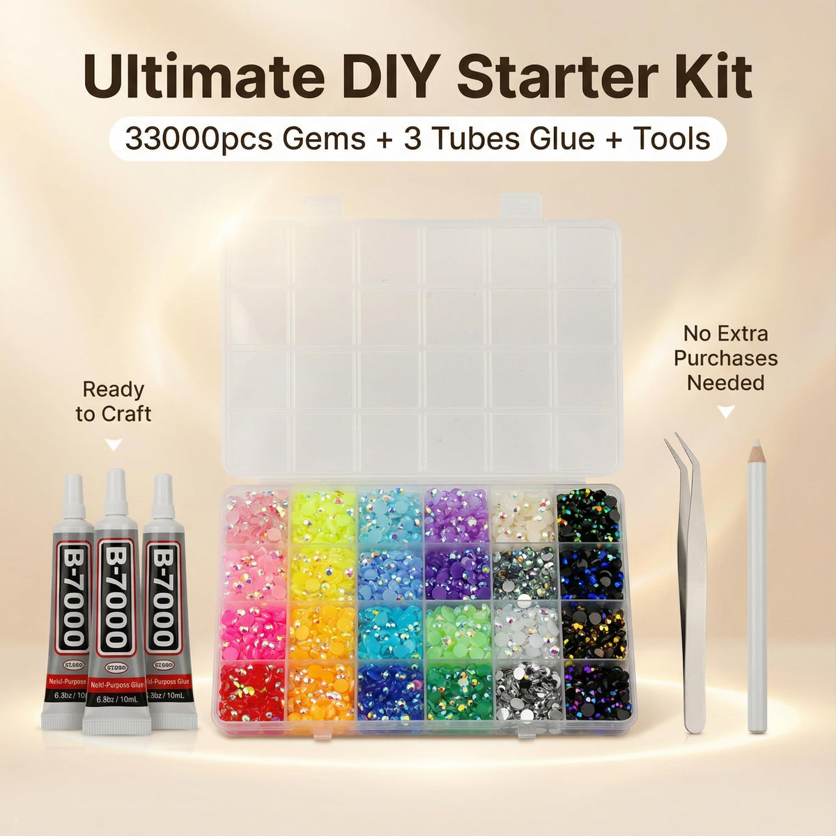 Worthofbest open grid box with 24 compartments displaying colorful 3mm gems benefit: instant access